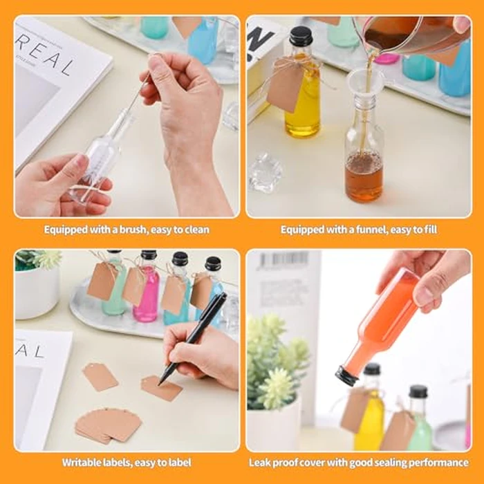 24 Pack Mini Liquor Bottles with Lids, Shot Bottles, Small Plastic Miniature Alcohol Bottles with 12 Funnels, Brush, 24 Tag and Ropes, Reusable Mini Bottles for Wine, Juice by V·Colokishi - Image 6