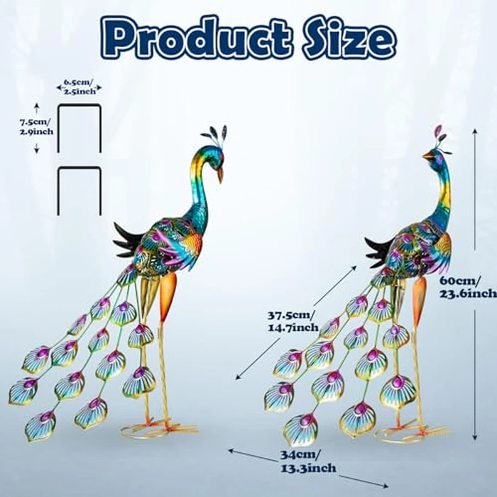 Kukooka Peacock Garden Statues Metal Peacocks Sculptures for Outdoor Backyard Decor Patio Lawn Porch Yard Decoration (Pack of 2, Blue) by Kukooka - Image 2
