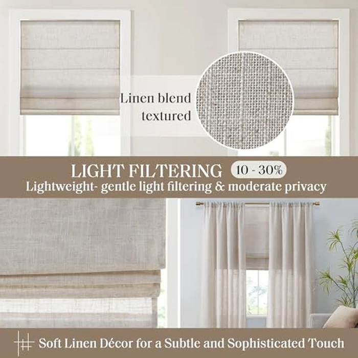 Madison Park Kyler Cordless Roman Shades - Single Panel, Lightweight Linen Blend Fabric, Natural Design, Easy Installation, Light Filtering Window Blind, Bedroom, Living Room Decor 27"W x 64"H Natural by Madison Park - Image 3