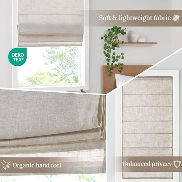 Madison Park Kyler Cordless Roman Shades - Single Panel, Lightweight Linen Blend Fabric, Natural Design, Easy Installation, Light Filtering Window Blind, Bedroom, Living Room Decor 27"W x 64"H Natural by Madison Park - Image 4