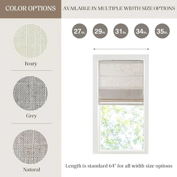 Madison Park Kyler Cordless Roman Shades - Single Panel, Lightweight Linen Blend Fabric, Natural Design, Easy Installation, Light Filtering Window Blind, Bedroom, Living Room Decor 27"W x 64"H Natural by Madison Park - Image 8
