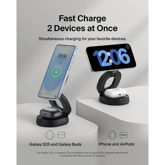 Belkin MagSafe Charger Compatible, 2-in-1 Qi2 Wireless Charging Station 15W, Convertible Wireless Charger for iPhone 17, Apple Watch, AirPods, Portable Phone Stand for Travel w/ 30W Adapter - Black by Belkin - Image 2
