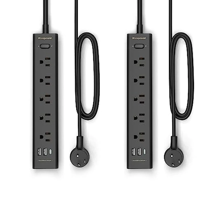 2 Pack Power Strip Surge Protector-5 Widely Spaced Outlets 3 USB Ports(1 USB C Port),1250W/10A with 5Ft Extension Cord, Power Strips with Surge Protection, Wall Mount for Home Office,Black by IECOPOWER - Image 1
