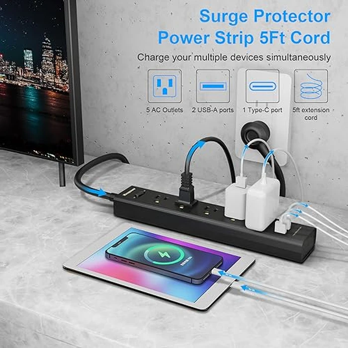 2 Pack Power Strip Surge Protector-5 Widely Spaced Outlets 3 USB Ports(1 USB C Port),1250W/10A with 5Ft Extension Cord, Power Strips with Surge Protection, Wall Mount for Home Office,Black by IECOPOWER - Image 2