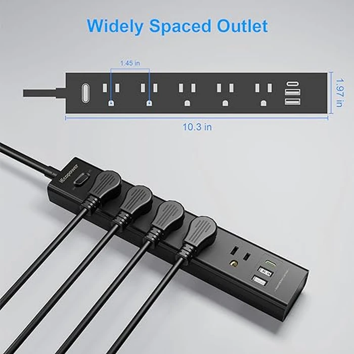 2 Pack Power Strip Surge Protector-5 Widely Spaced Outlets 3 USB Ports(1 USB C Port),1250W/10A with 5Ft Extension Cord, Power Strips with Surge Protection, Wall Mount for Home Office,Black by IECOPOWER - Image 4