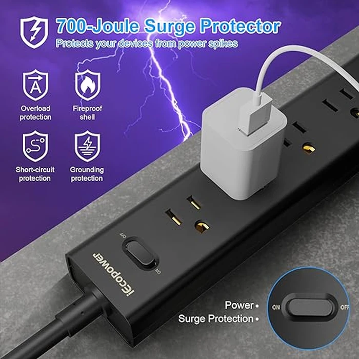 2 Pack Power Strip Surge Protector-5 Widely Spaced Outlets 3 USB Ports(1 USB C Port),1250W/10A with 5Ft Extension Cord, Power Strips with Surge Protection, Wall Mount for Home Office,Black by IECOPOWER - Image 5