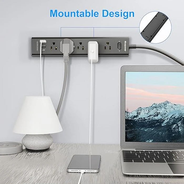 2 Pack Power Strip Surge Protector-5 Widely Spaced Outlets 3 USB Ports(1 USB C Port),1250W/10A with 5Ft Extension Cord, Power Strips with Surge Protection, Wall Mount for Home Office,Black by IECOPOWER - Image 7