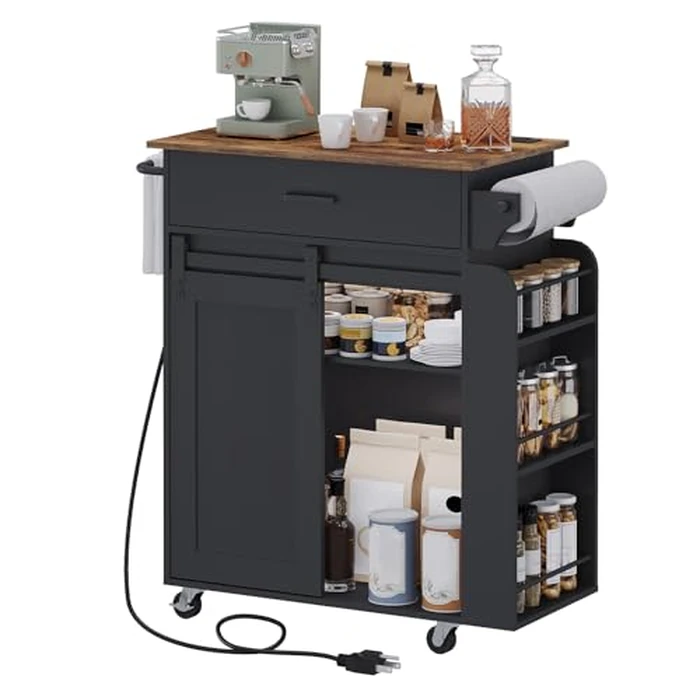 YATINEY Kitchen Island with Storage, Kitchen Storage Cabinets with Charging Station, Kitchen Island on Wheels, Rolling Island Table with Sliding Cabinet Door, Black and Rustic Brown ZD01UBR by YATINEY - Image 1