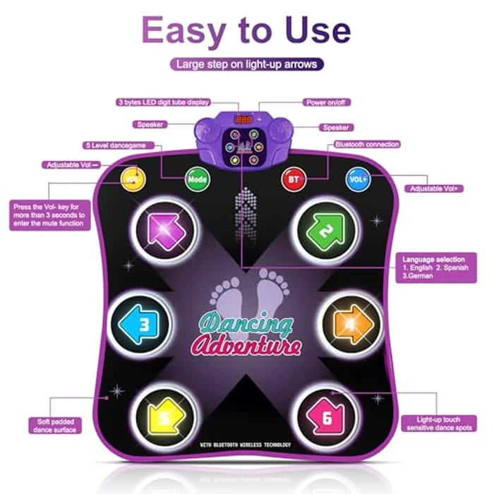 Flooyes Dance Mat Toys for 3-12 Year Old Kids, Electronic Dance Pad with Light-up 6-Button Wireless Bluetooth, Music Dance with 5 Game Modes, Birthday Toys Gifts for 3 4 5 6 7 8 9 10+ Year Old Girls by Flooyes - Image 2