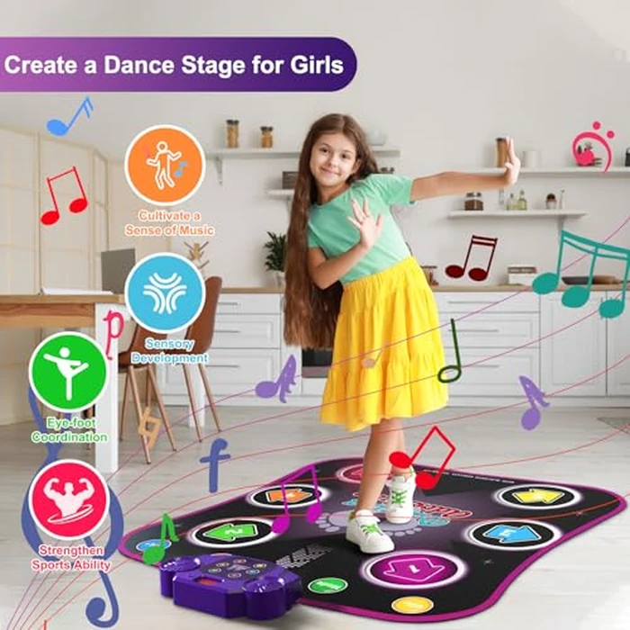 Flooyes Dance Mat Toys for 3-12 Year Old Kids, Electronic Dance Pad with Light-up 6-Button Wireless Bluetooth, Music Dance with 5 Game Modes, Birthday Toys Gifts for 3 4 5 6 7 8 9 10+ Year Old Girls by Flooyes - Image 4