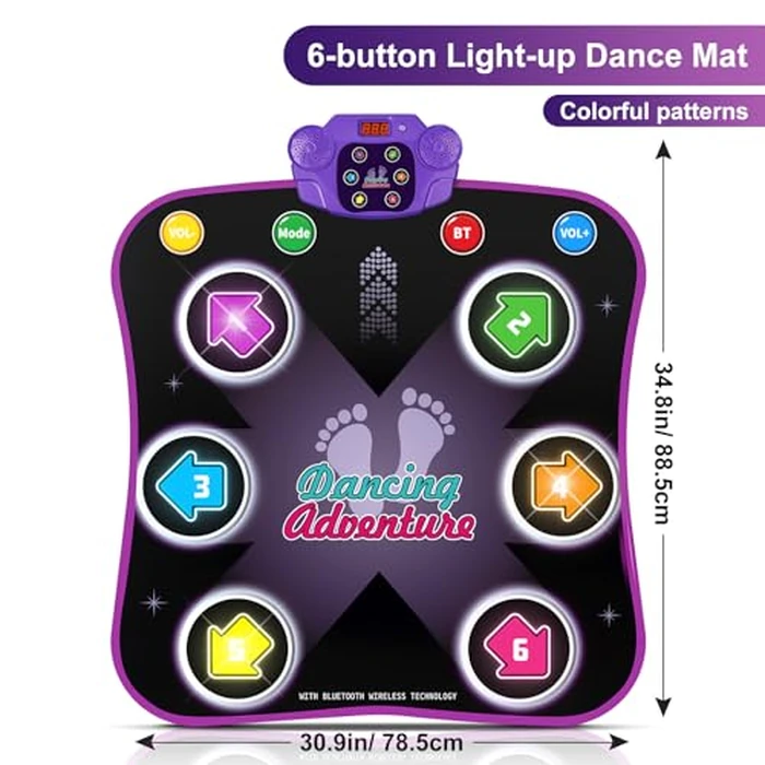 Flooyes Dance Mat Toys for 3-12 Year Old Kids, Electronic Dance Pad with Light-up 6-Button Wireless Bluetooth, Music Dance with 5 Game Modes, Birthday Toys Gifts for 3 4 5 6 7 8 9 10+ Year Old Girls by Flooyes - Image 6