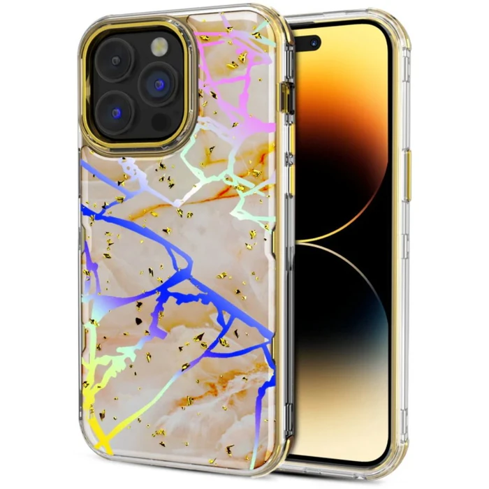 MyBat Pro Tuff Kleer Series Phone Case for iPhone 14 Pro Max - Pale Yellow Marbling/Electroplating Gold - Brand New by MyBat Pro - Image 2