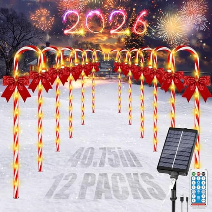 40in Christmas Solar Candy Cane Pathway Lights, 12Pcs 120 LED Solar Outdoor Christmas Decorations with Red Bow Waterproof, 8 Modes Timer Remote Walkway Garden Light for Xmas Yard Lawn Patio Decor by HELESIN - Used - Very Good condition