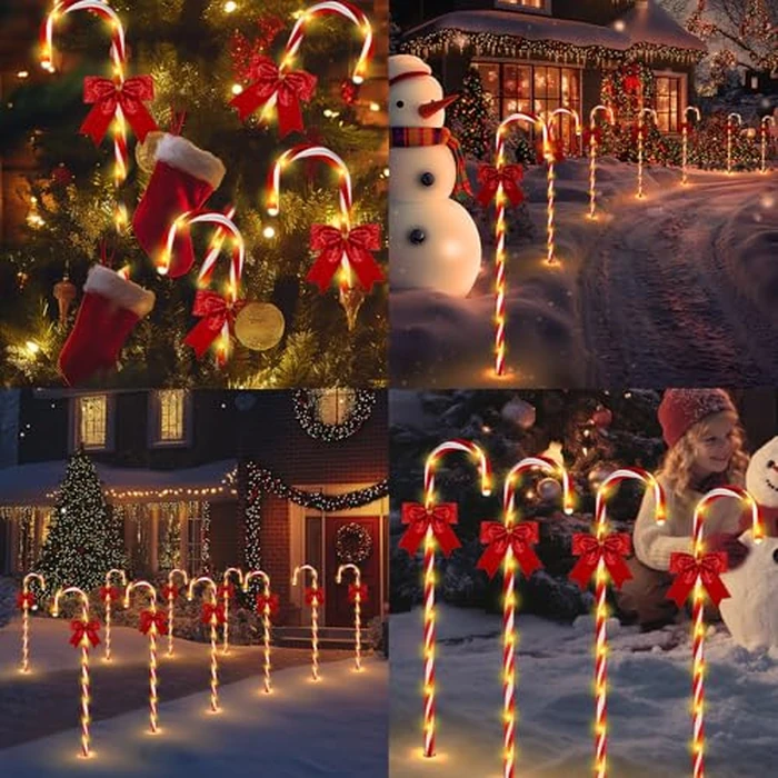 40in Christmas Solar Candy Cane Pathway Lights, 12Pcs 120 LED Solar Outdoor Christmas Decorations with Red Bow Waterproof, 8 Modes Timer Remote Walkway Garden Light for Xmas Yard Lawn Patio Decor by HELESIN - Image 2