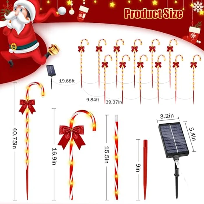40in Christmas Solar Candy Cane Pathway Lights, 12Pcs 120 LED Solar Outdoor Christmas Decorations with Red Bow Waterproof, 8 Modes Timer Remote Walkway Garden Light for Xmas Yard Lawn Patio Decor by HELESIN - Image 4
