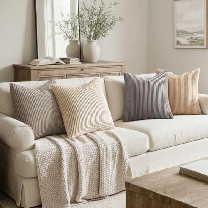 MIULEE Boho Farmhouse Neutral Cream Throw Pillow Covers 18x18 Inch Set of 4 Mordern Nordic Cushion Covers Soft Corduroy Home Decor for Couch Bed Sofa Living Room by MIULEE - Image 2