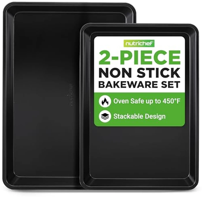 Nutrichef Non-Stick Cookie Sheet Baking Pans - 2-Pc. Professional Quality Kitchen Cooking Bake Trays w/ Black Diamond Coating, Dishwasher Safe, Perfect for Pastries, Roasting and More by Nutrichef - Image 1