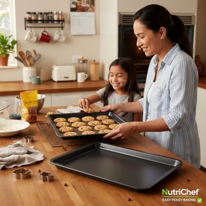 Nutrichef Non-Stick Cookie Sheet Baking Pans - 2-Pc. Professional Quality Kitchen Cooking Bake Trays w/ Black Diamond Coating, Dishwasher Safe, Perfect for Pastries, Roasting and More by Nutrichef - Image 2