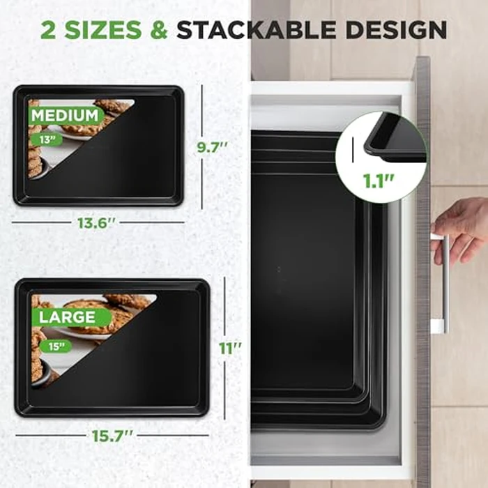 Nutrichef Non-Stick Cookie Sheet Baking Pans - 2-Pc. Professional Quality Kitchen Cooking Bake Trays w/ Black Diamond Coating, Dishwasher Safe, Perfect for Pastries, Roasting and More by Nutrichef - Image 4