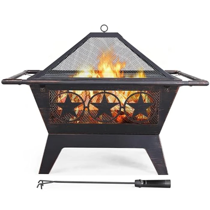Yaheetech Fire Pit 32in Fire Pits for Outside Outdoor Fireplace Large Square Wood Burning Fire Pit Heavy Duty for Patio BBQ Camping Bonfire with Spark Screen, Mesh Cover, Poker by Yaheetech - Used - Acceptable condition - CA$91.50