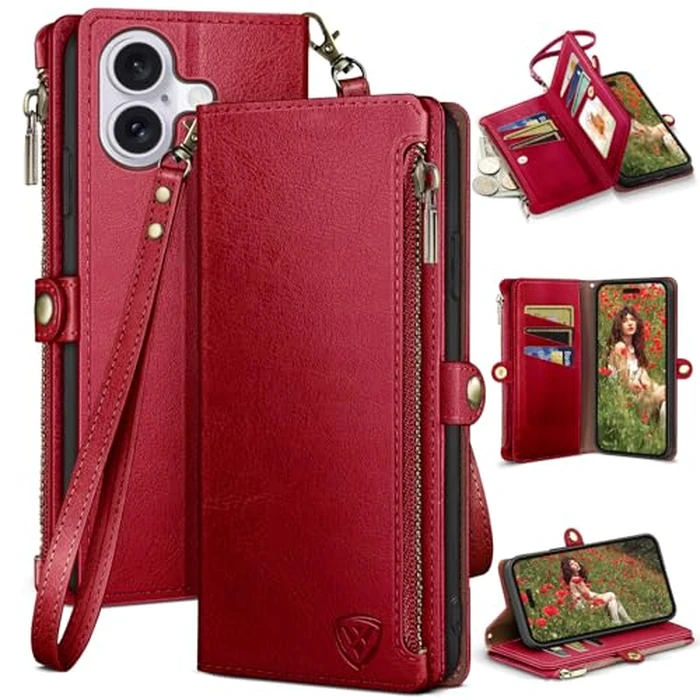 XcaseBar Compatible with iPhone 16 Plus 6.7" Wallet case with Zipper Credit Card Holder【RFID Blocking】,Flip Folio Book PU Leather Phone case Shockproof Cover Women Men for Apple 16 Plus case Red by XcaseBar - Image 1