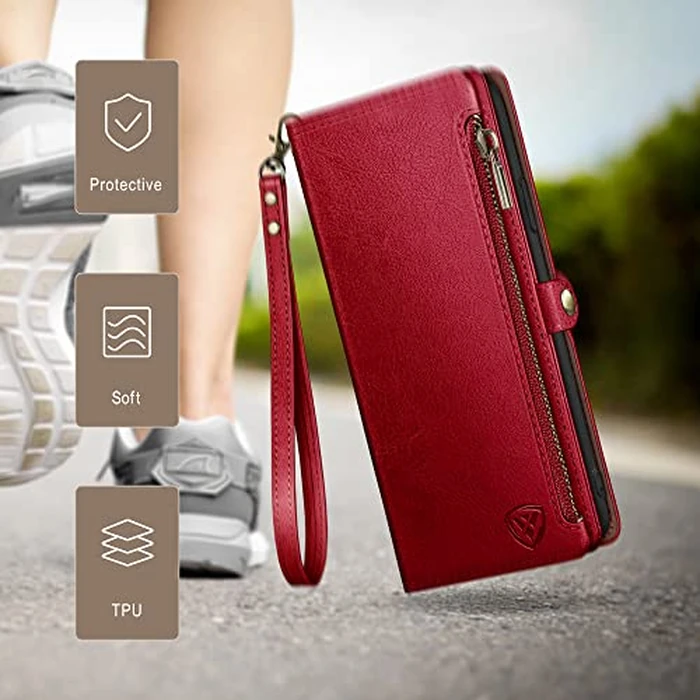 XcaseBar Compatible with iPhone 16 Plus 6.7" Wallet case with Zipper Credit Card Holder【RFID Blocking】,Flip Folio Book PU Leather Phone case Shockproof Cover Women Men for Apple 16 Plus case Red by XcaseBar - Image 7