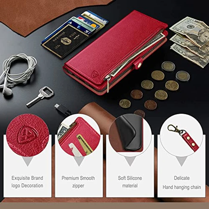 XcaseBar Compatible with iPhone 16 Plus 6.7" Wallet case with Zipper Credit Card Holder【RFID Blocking】,Flip Folio Book PU Leather Phone case Shockproof Cover Women Men for Apple 16 Plus case Red by XcaseBar - Image 8