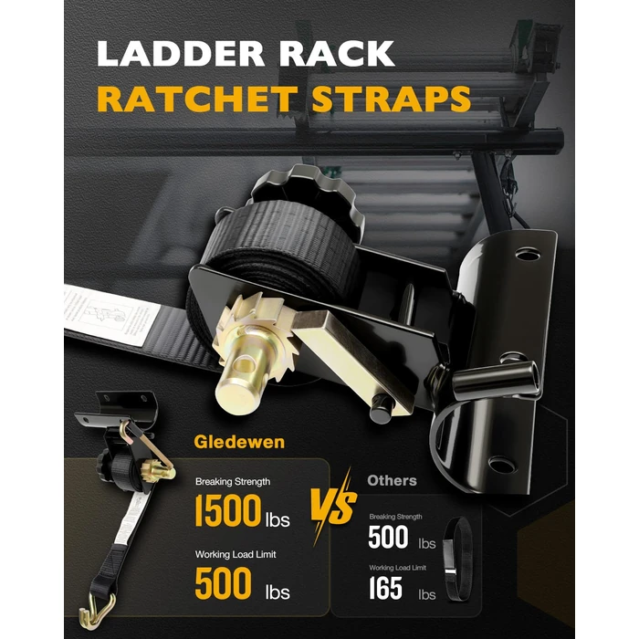 Ladder Rack Ratchet Straps with J-Hook (Pair), 2" Black Round Tube Mount, 1.5" Wide x 7.5' Long Black Retractable Ratchet Tie Down Strap Roof Rack, 500 lbs Load Heavy Duty,Cargo Buckle Rack Lock Strap by Gledewen - Image 2