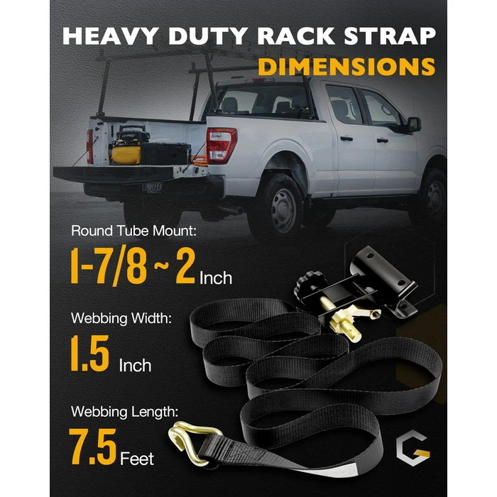 Ladder Rack Ratchet Straps with J-Hook (Pair), 2" Black Round Tube Mount, 1.5" Wide x 7.5' Long Black Retractable Ratchet Tie Down Strap Roof Rack, 500 lbs Load Heavy Duty,Cargo Buckle Rack Lock Strap by Gledewen - Image 3