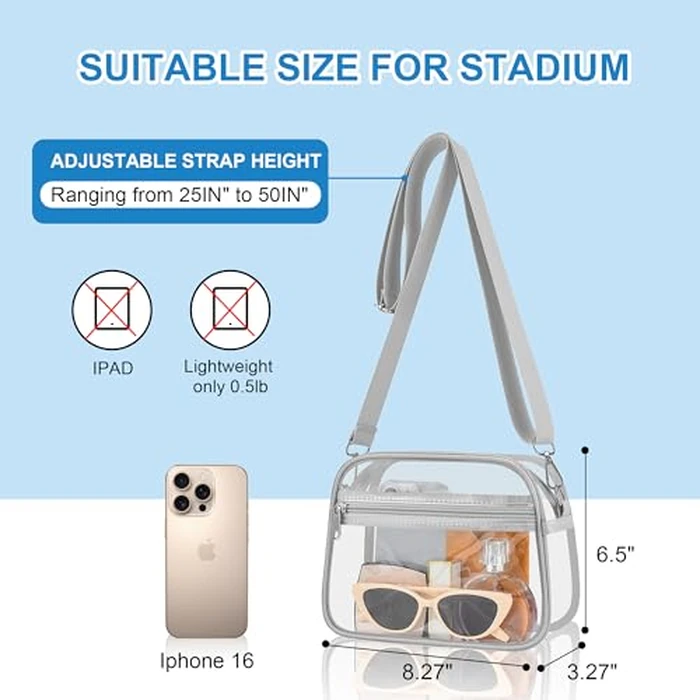Busiuw Clear Bag for Stadium Events - Stadium Approved Small Mini Clear Purse with Wide Adjustable Strap, Men's Shoulder Bag for Sports Concerts, Festivals(Silver-L) by Busiuw - Image 3