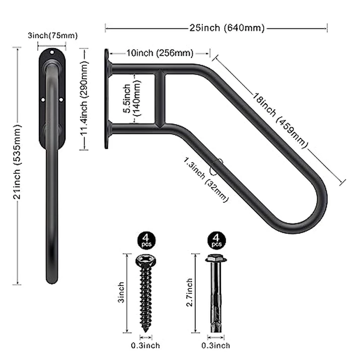 SELEWARE Heavy Duty Non-Slip Handrails for Outdoor 1-3 Step, Wall Mount Stair Hand Railing Grab Bars, U-Shape Safety Handle for Garage, Porch, Garden (Dia 1.3" Pipe, Black) by SELEWARE - Image 2