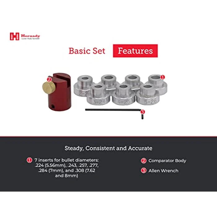 Hornady Lock-N-Load Bullet Comparator Basic Set, Includes 7 Bullet Inserts - Quickly and Precisely Measure Loaded Rounds, Measures from Bullet Ogive - Reduce Round Variations - B234 by Hornady - Image 3