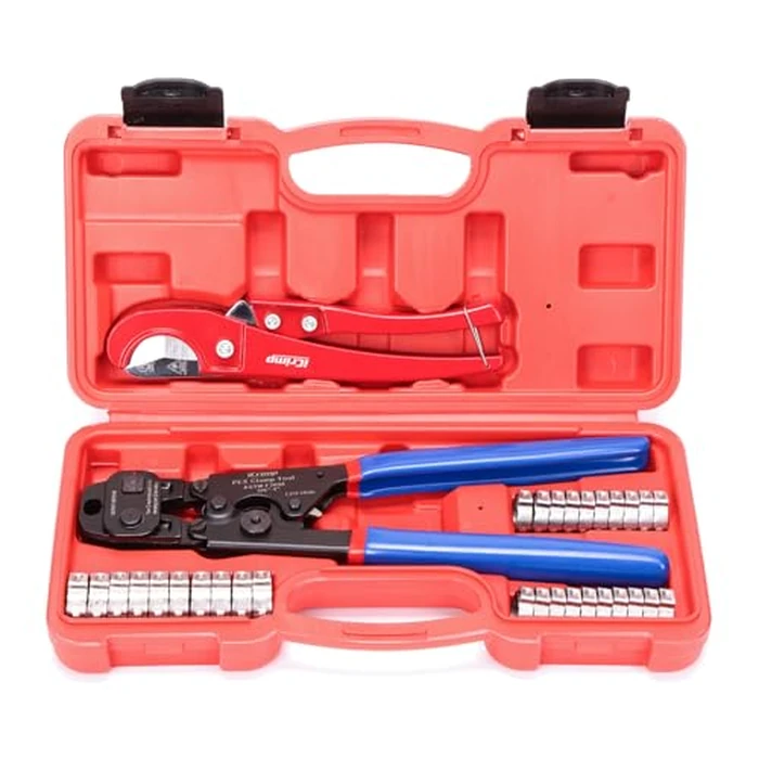 iCrimp Ratchet PEX Cinch Tool with Removing Function for 3/8-in, 1/2-in, 3/4-in, 1-in Stainless Steel Clamp, PEX Crimper with 20PCS 1/2-in, 10PCS 3/4-in PEX Clamps and Pipe Cutter- All in One by iCRIMP - Used - Good condition