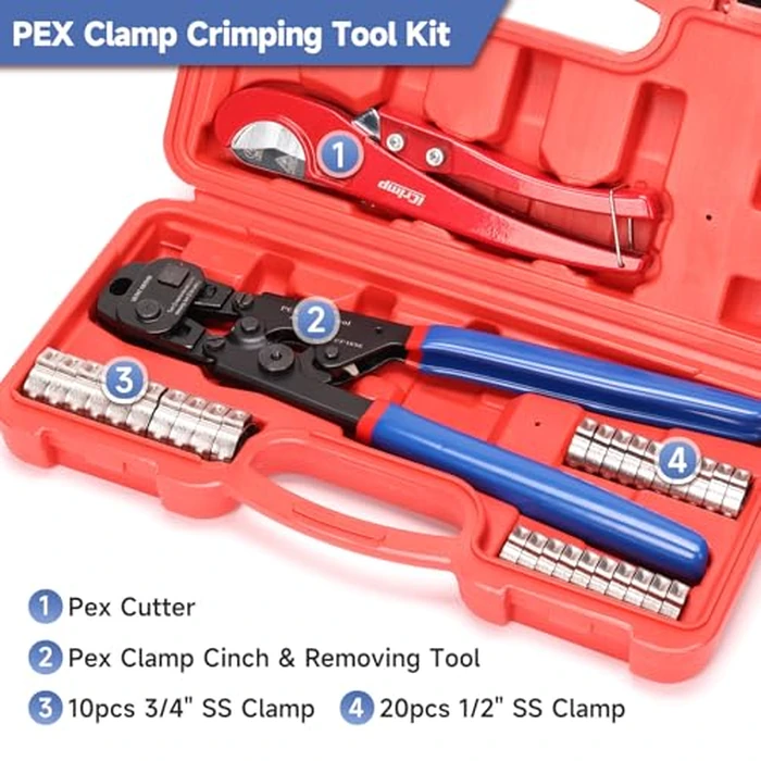iCrimp Ratchet PEX Cinch Tool with Removing Function for 3/8-in, 1/2-in, 3/4-in, 1-in Stainless Steel Clamp, PEX Crimper with 20PCS 1/2-in, 10PCS 3/4-in PEX Clamps and Pipe Cutter- All in One by iCRIMP - Image 2