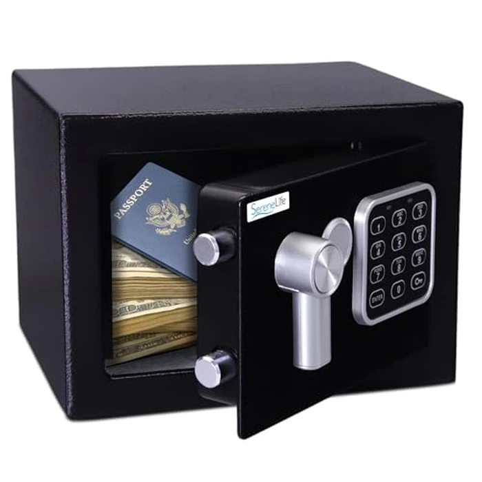 SereneLife Premium Steel Digital Safe Box - 9.1" x 6.7" x 6.7" | Secure Storage for Cash, Firearms & Jewelry | Great For Hotels, Cabinets & Home Use | Electronic & Mechanical Access | 2 Keys | Black by SereneLife - Image 1