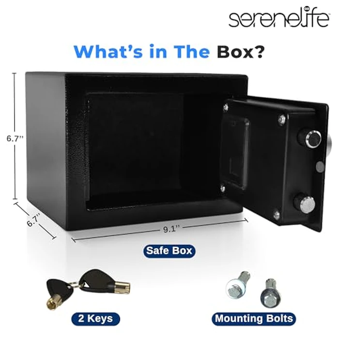 SereneLife Premium Steel Digital Safe Box - 9.1" x 6.7" x 6.7" | Secure Storage for Cash, Firearms & Jewelry | Great For Hotels, Cabinets & Home Use | Electronic & Mechanical Access | 2 Keys | Black by SereneLife - Image 2