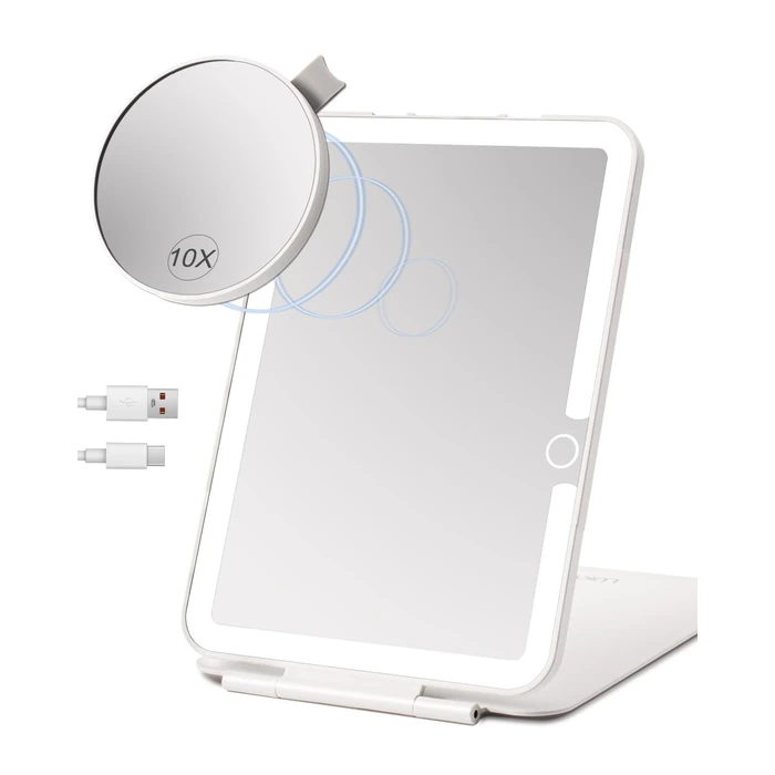 LUKYMIRO Rechargeable Travel Makeup Mirror with Light,7x5 inches Portable Lighted Vanity Mirror with Small 10X Magnifying, LED 3 Color Dimmable, Tabletop Folding Compact Mirror by LUKYMIRO - Used - Acceptable condition