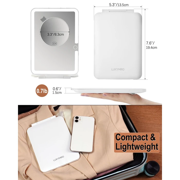 LUKYMIRO Rechargeable Travel Makeup Mirror with Light,7x5 inches Portable Lighted Vanity Mirror with Small 10X Magnifying, LED 3 Color Dimmable, Tabletop Folding Compact Mirror by LUKYMIRO - Image 2