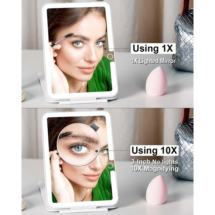 LUKYMIRO Rechargeable Travel Makeup Mirror with Light,7x5 inches Portable Lighted Vanity Mirror with Small 10X Magnifying, LED 3 Color Dimmable, Tabletop Folding Compact Mirror by LUKYMIRO - Image 4