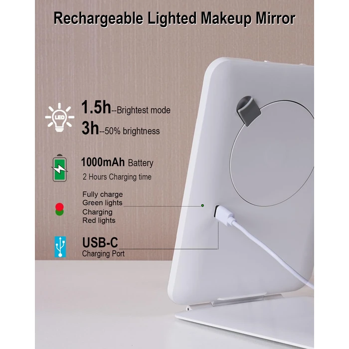 LUKYMIRO Rechargeable Travel Makeup Mirror with Light,7x5 inches Portable Lighted Vanity Mirror with Small 10X Magnifying, LED 3 Color Dimmable, Tabletop Folding Compact Mirror by LUKYMIRO - Image 5