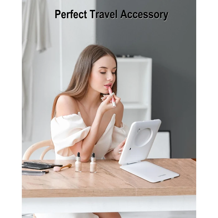 LUKYMIRO Rechargeable Travel Makeup Mirror with Light,7x5 inches Portable Lighted Vanity Mirror with Small 10X Magnifying, LED 3 Color Dimmable, Tabletop Folding Compact Mirror by LUKYMIRO - Image 6