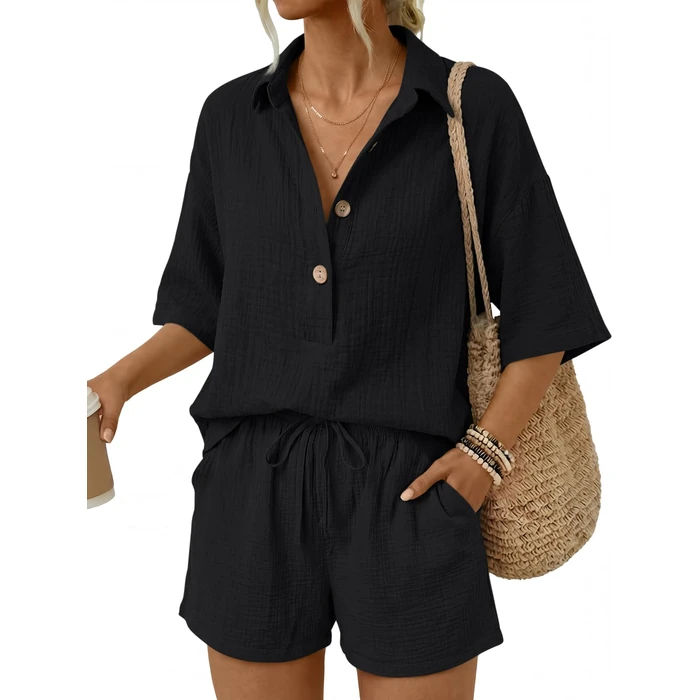 LILLUSORY Women 2 Piece Linen Short Sets 2026 Summer Vacation V Neck Short Sleeve Beach Outfits Oversized Button Cotton Pjs Black S by LILLUSORY - Image 1