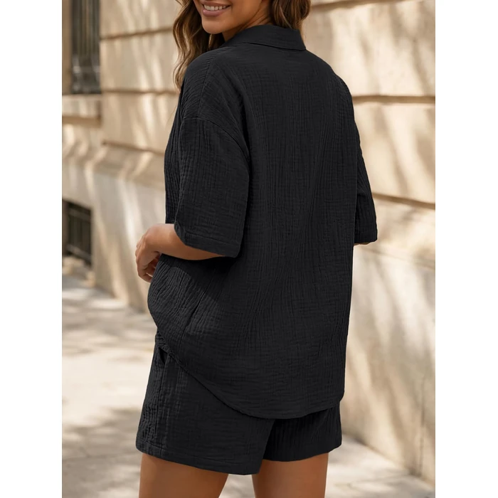 LILLUSORY Women 2 Piece Linen Short Sets 2026 Summer Vacation V Neck Short Sleeve Beach Outfits Oversized Button Cotton Pjs Black S by LILLUSORY - Image 4