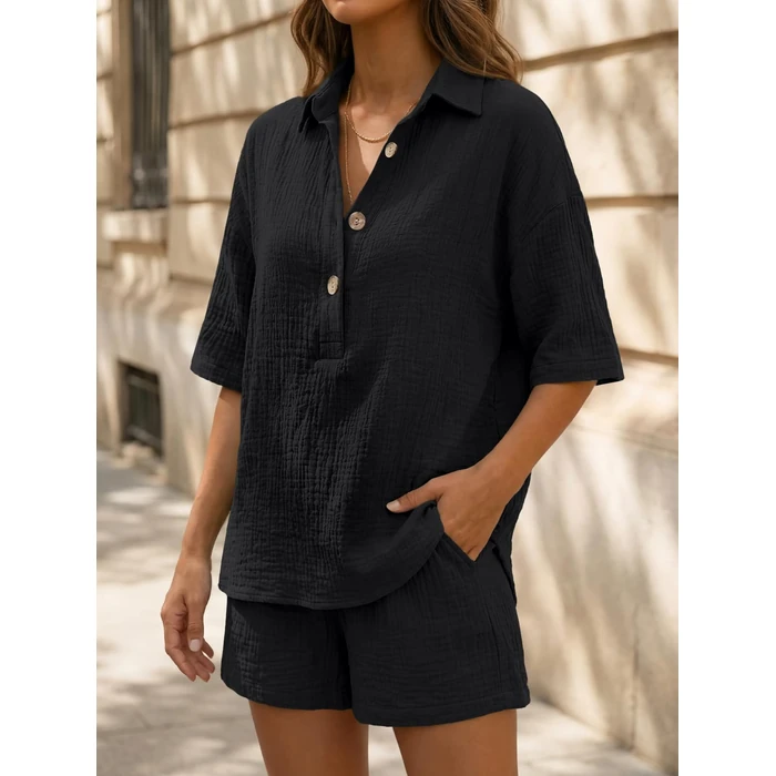 LILLUSORY Women 2 Piece Linen Short Sets 2026 Summer Vacation V Neck Short Sleeve Beach Outfits Oversized Button Cotton Pjs Black S by LILLUSORY - Image 5