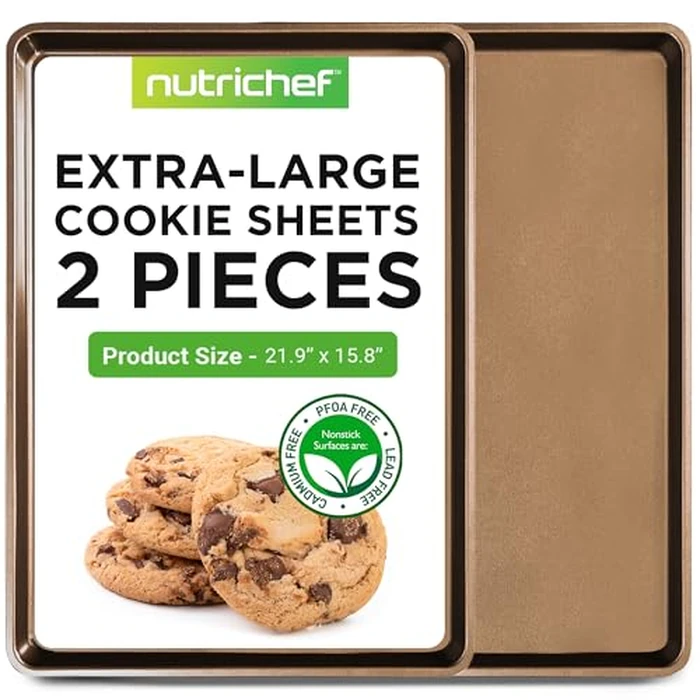 NutriChef 2-Piece Nonstick XL Cookie Sheets for Baking - 22" x 16" Stackable Extra Large Baking Sheet - Carbon Steel Baking Pans, PFOA, PFOS, PTFE Free- NCLGBP28 by NutriChef - Used - Very Good condition - US$23.24
