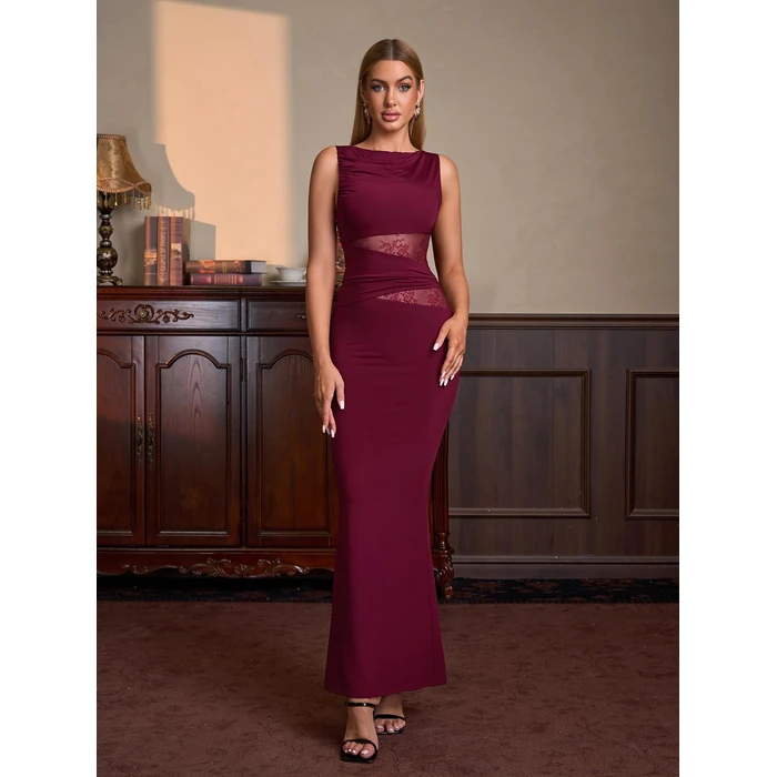 EYNMIN Lace Long Formal Wedding Guest Dress Bodycon Maxi Elegant Cocktail Party Graduation Prom Dresses for Women 2026 Wine S by EYNMIN - Image 2