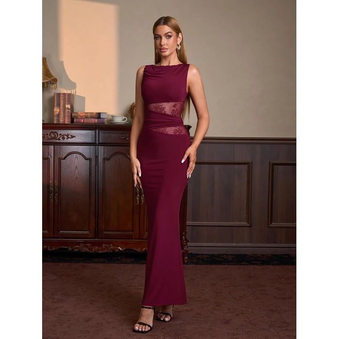 EYNMIN Lace Long Formal Wedding Guest Dress Bodycon Maxi Elegant Cocktail Party Graduation Prom Dresses for Women 2026 Wine S by EYNMIN - Image 5
