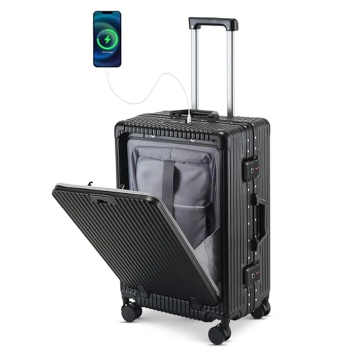 Faqy Z 24-Inch Aluminum Frame Checked Luggage, Expandable Hard Shell Spinner Suitcase with Front-Open Pocket, USB Port, Phone Holder & Cup Holder for Men & Women Travel, Black by Faqy Z - Image 1