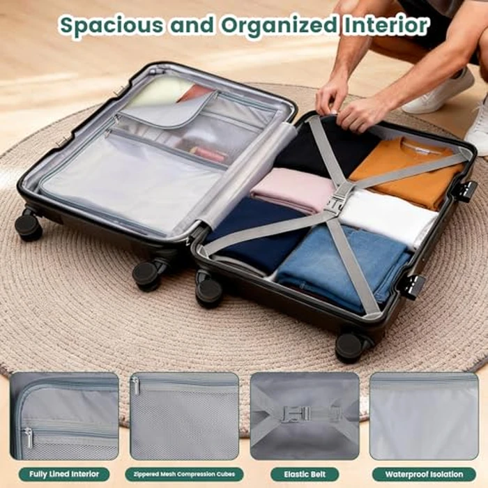 Faqy Z 24-Inch Aluminum Frame Checked Luggage, Expandable Hard Shell Spinner Suitcase with Front-Open Pocket, USB Port, Phone Holder & Cup Holder for Men & Women Travel, Black by Faqy Z - Image 2