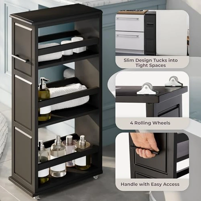 Lavish Home 3-Tier Slim Rolling Storage Cart - 16.7” x 9” Narrow Rolling Cart with Handle and Wheels for Bathroom, Laundry Room, and Kitchen Organization - Pull-Out Home Organizers (Black) by Lavish Home - Image 5